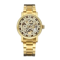 Detailed view of golden stainless steel skeleton dial and automatic mechanical movement - Male Style / Gold