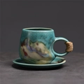 Blue-green ceramic coffee cup and saucer set with mountain pattern and twine handle - 236-d Round Handle Coffee Cup + Saucer (green) 300ml / Universal