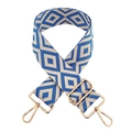 Close-up of blue and white diamond jacquard woven bag strap with gold metal hooks - Beige and Royal Blue