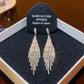 Exquisite 925 silver needle drop earrings with sparkling zircon tassels in luxury style - E0252 Gold Silver Needle (Full Diamond Square Crystal Long Tassel Silver White)