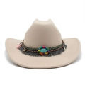 Chapeau de cowboy beige ethnique avec pierre turquoise et glands colorés décoratifs - M (56-58cm) / Blanc Cassé