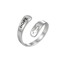 Detail of adjustable silver ring featuring a hollow cross design and engraved HOPE text - Hope Cross / Steel