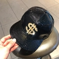 Shiny black snakeskin texture baseball cap with gold rhinestone dollar sign emblem - Black - Dollar Sign