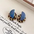 French vintage hoop earrings featuring blue silk texture and leopard print pattern - 61# Blue Spliced Leopard Stud