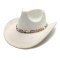 Détail d'un chapeau en daim ethnique avec ruban décoratif, plume et pierre turquoise - M (56-58cm) / Poche zippée
