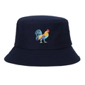 Close-up of navy blue bucket hat featuring colorful rooster embroidery and fine stitching - Adjustable / Navy Blue