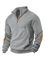 Graues Herren-Sweatshirt mit Waffelstrick, Viertel-Reißverschluss und Ellbogen-Patches - Hellgrau