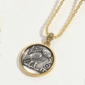 Vintage Greek owl coin pendant necklace with a gold twist chain and silver finish - Athens Owl Round Pendant