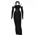 Chique zwarte halter maxi-jurk met zij-uitsparingen en bijpassende lange handschoenen - S / Zwart