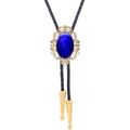 Golden crown bolo tie with blue oval stone and black braided rope for western style - 11 (Gold with Deep Blue Cat's Eye)