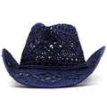 Detailed macro view of dark blue hollow crochet patterns on this straw cowboy hat - M (56-58cm) / Navy Blue