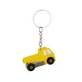 Detailed view of yellow cartoon dump truck PVC keychain with metallic chain and ring - Dump Truck Keychain