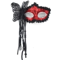 Red sequin masquerade mask with black lace butterfly, tassels and hand-held wand - Butterfly Tassel Handheld Style / Red