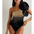 Bañador de un hombro con volantes de flores 3D negras y degradado de purpurina - En Stock Conjunto Verde Esmeralda