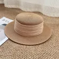 Classic boater straw hat with tan woven texture and beige fabric ribbon band - M / Khaki with Beige Ribbon