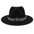 Détail de boucle turquoise vintage et ruban ethnique sur chapeau en feutre de laine noir - M (56-58cm) / Noir