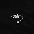 Silver adjustable open ring with sparkling letter M detail and a round white zircon - Letter M