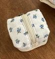 Mini floral quilted fabric pouch in white with blue flowers and beige zipper closure - Blue Floral