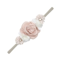 Detail of pink satin roses and crystal accents on a grey nylon baby headband - Pale Pink Combo