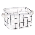 Foldable cotton linen storage basket in white and black grid pattern with handles - White Plaid