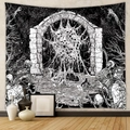 Detailed macro view of black and white skull tapestry hanging in a gothic room setting - 73X95CM / Brushed Fabric