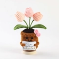 Handmade crochet pink tulip potted plant with Thank You card and cute smiley face - 3 Heads Pink Tulip Bow