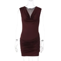 Detail of burgundy sleeveless dress featuring cowl neck design and ruched bodycon fit - S / Coffee