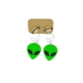 Unique green acrylic alien head drop earrings on a brown display card backdrop - Green Alien Head Outline Style(13C127)