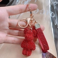 Sparkling red rhinestone bear keychain with matching glitter wrist strap and metal ring - Red
