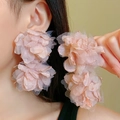 Detail of pink gauze flower earrings featuring delicate tulle petals for women - 10# Silver Earring Post - Pink - Flower