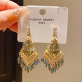 Golden rhombic earrings with green crystals, pearls, tassels and S925 silver needles - Rhombus Water Drop Tassel Style / Gold