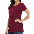 Short sleeve nursing T-shirt in wine red with double layer breastfeeding design - S / Dark Red