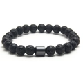 8mm natural black volcanic lava stone beaded stretch bracelet with metal cylinder accent - Lava Stone