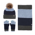 Conjunto de invierno 3 piezas de punto a rayas azul y gris con gorro pompon y guantes - Set de 3 piezas / Azul claro + Azul oscuro + Gris
