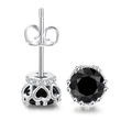 Detail of silver stud earrings with black zircon and hollow heart-shaped crown base - Platinum Black