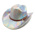 Iridescent laser snakeskin western cowboy hat with rainbow colors and leather band buckle - M (56-58cm) / White