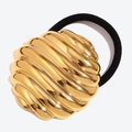 Elastic black hair tie featuring a round 18K gold-plated stainless steel ripple pendant - Threaded Egg Shell Hair Rope-Gold
