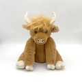 Detailed view of the realistic brown Highland Cow plush toy with soft horns and fluffy fur - Movable Joints / Plain Style / Brown