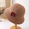 Detailed plush texture of brown lamb wool bucket hat with red heart and bow decoration - M (56-58cm) / Red Rabbit Patch Style / Khaki