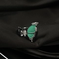 Detail of silver butterfly ring with turquoise enamel wings and crystal inlay on black silk - Adjustable Open / Turquoise Enamel Butterfly (JZ0136)