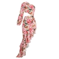 Detail of pink floral one-shoulder dress featuring waist cutout and ruffled asymmetric hem - Pink