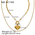 Dimensiones detalladas del collar de doble capa de acero inoxidable con corazón y perlas - Estilo de Doble Capa de Perlas de Corazón (NB-N1198) / Chapado en Oro de 18K