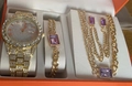 Women's gold watch set with purple rectangular gems and rhinestones in an orange box - Purple Watch Set 1 (Orange Box)