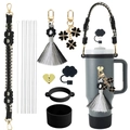 Accessories set for tumblers with braided strap and silicone boot on gray water bottle - Black and White Set
