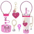 Pink glitter heart keychain and straw cover accessories set for Stanley tumbler - Pink Diamond Bow Multi-set