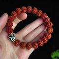 Rudraksha bodhi seed bracelet featuring a Three-Eyed Dzi bead and golden metal spacers - Patina Dzi Bead Style (08-12mm)