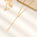 Collar rosario de acero bañado en oro 18K con cruz y medalla de la Virgen María - Blanco