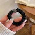 Elastic black hair scrunchie with sparkling rhinestone ball detail for ponytails - Satin Rhinestone Ball / Black Rhinestone Bead
