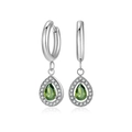 Silver hoop earrings with green teardrop zircon pendant and halo diamond accents - Steel-Tone Olive Green Zirconia