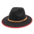 Detail of wool fedora hat with khaki braided rope band and bronze metal buckle - M (56-58cm) / Black